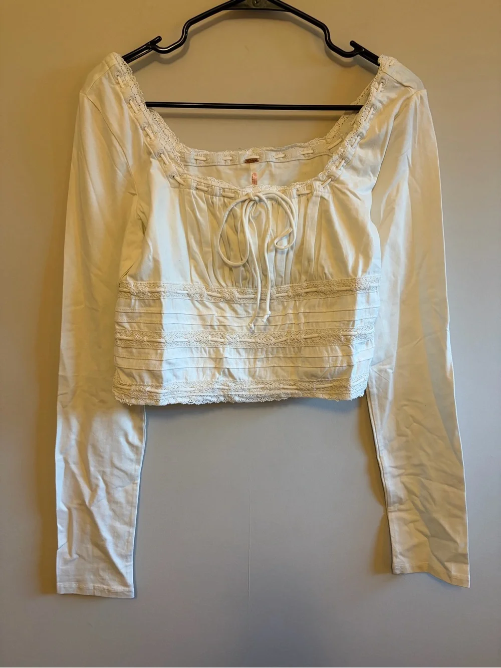 Free People Cream Lace-Trim Long Sleeve Peasant Top
